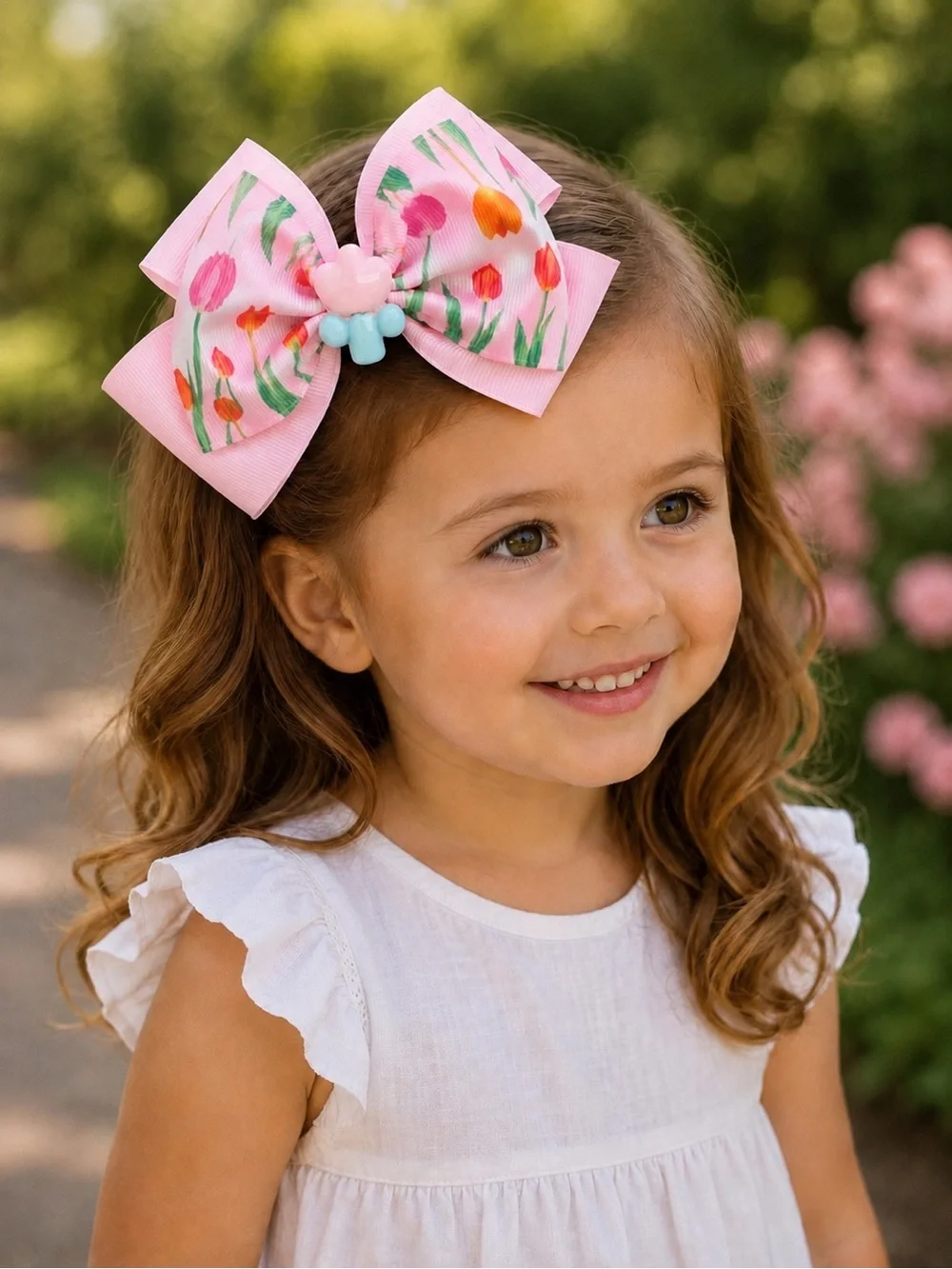 Girls Multicolor Floral Tulip Hair Bow Large Grosgrain Ribbon Alligator Clip